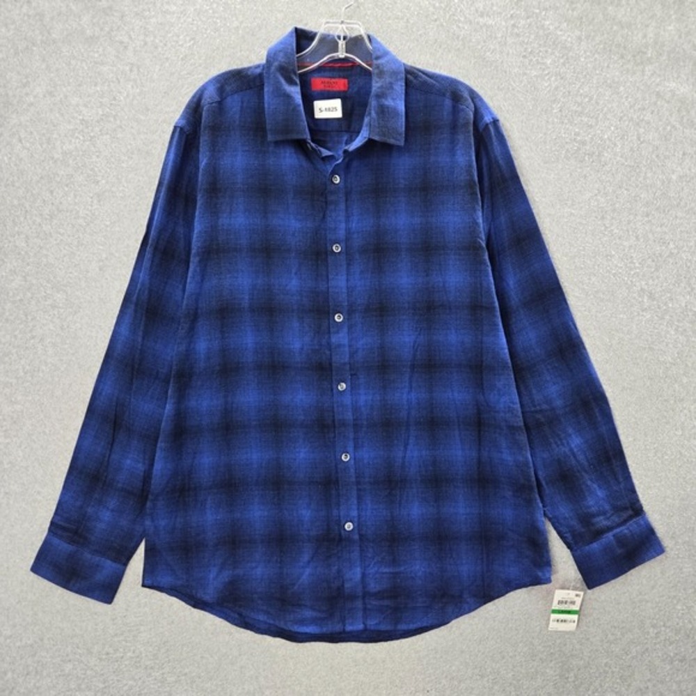 Alfani Men‎ Button Up Shirt Large Blue Plaid Flannel Long Sleeve Slim Fit NWT